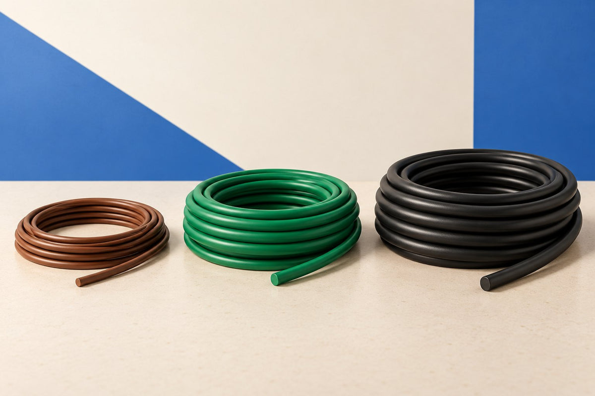 Ilustración de tres rollos de cable marrón, verde y negro sobre una superficie clara.