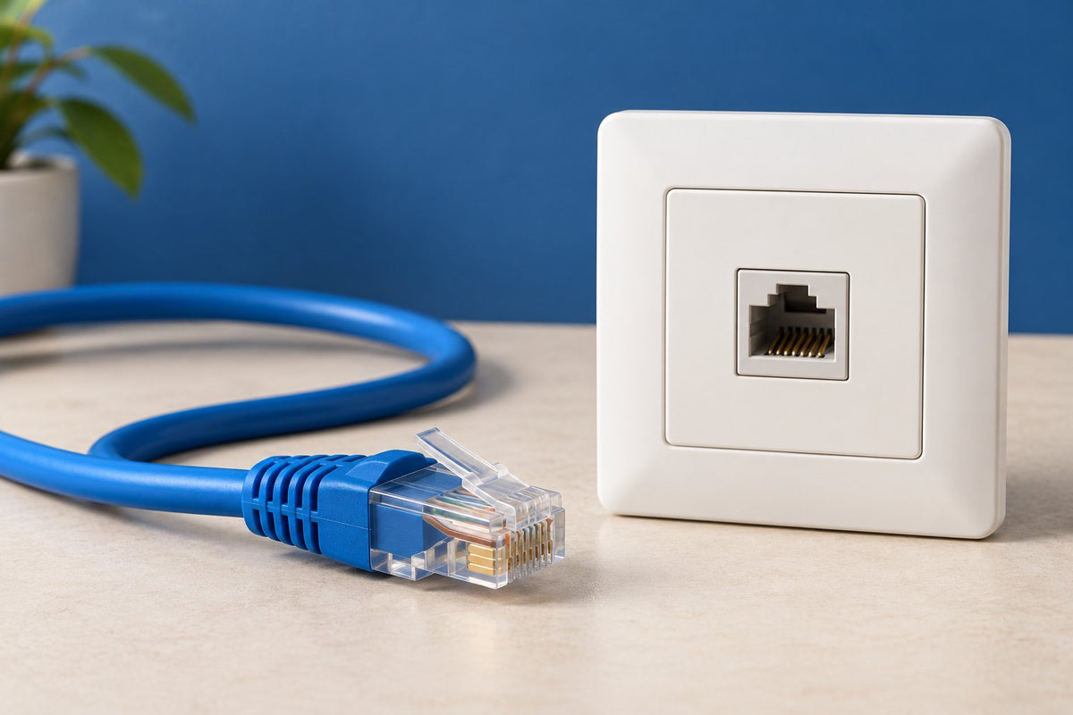 Ilustración de un cable azul con conector RJ45 transparente junto a una toma de datos blanca.