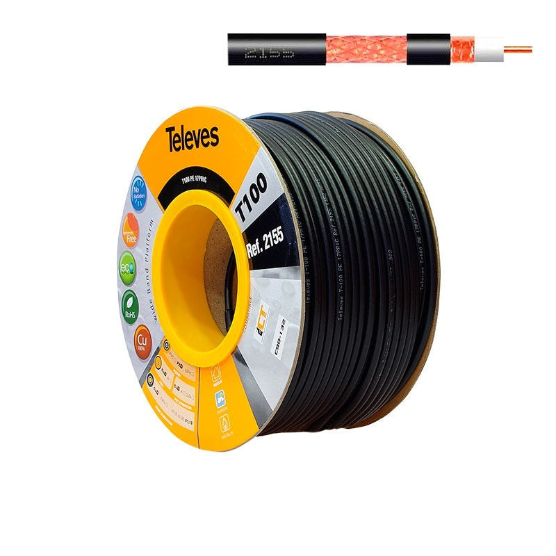 Rollo de cable coaxial Televés T100 negro de 100 m