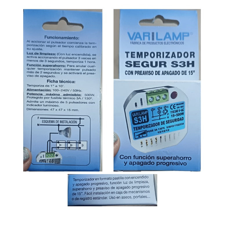 Temporizador de seguridad de 3 horas y 3 hilos Varilamp Segur S3H