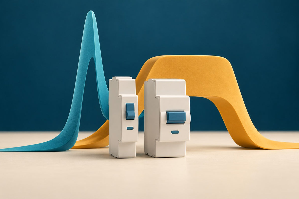 Ilustración de dos módulos eléctricos blancos ante una forma azul estrecha y una banda ocre elevada.