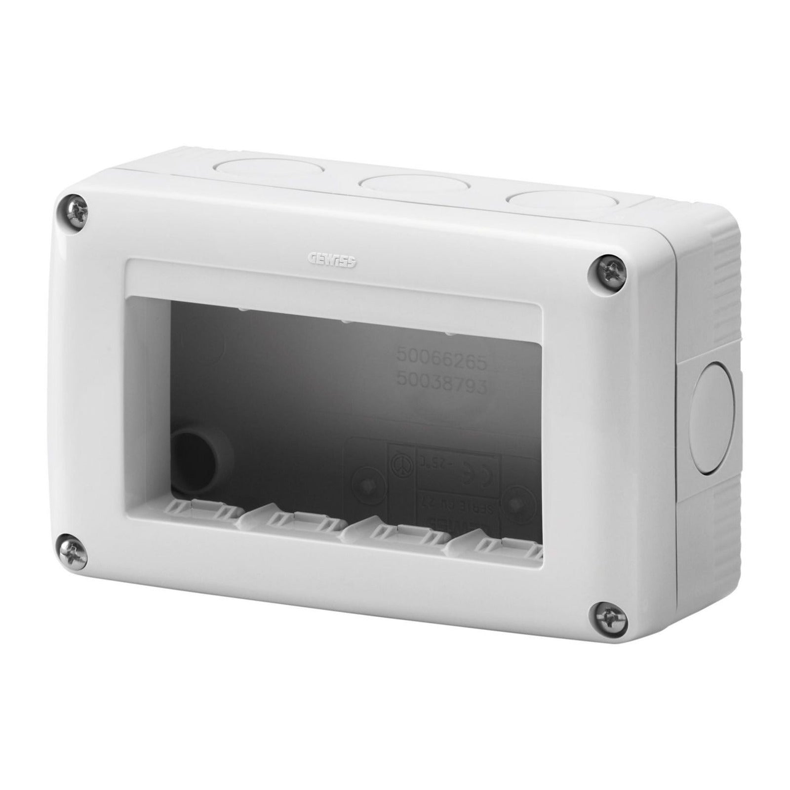 Contenedor para aparatos system Gewiss, protegido, 4 módulos, gris RAL 7035, IP40 - referencia GW27004