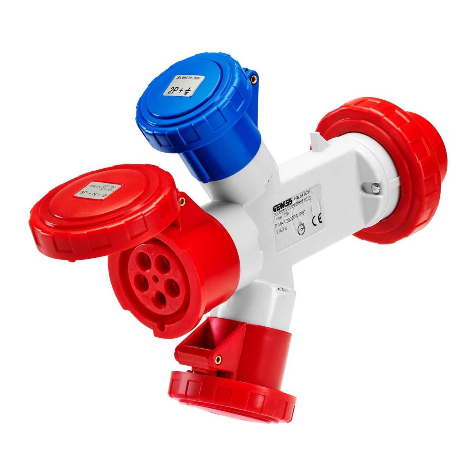 Adaptador estanco IP67 con clavija 3P+N+T 32A 400 V CA 50/60 Hz Gewiss, 2 bases 2P+T 16A 230 V CA + 1 base 3P+N+T 32A 400 V CA - referencia GW64064