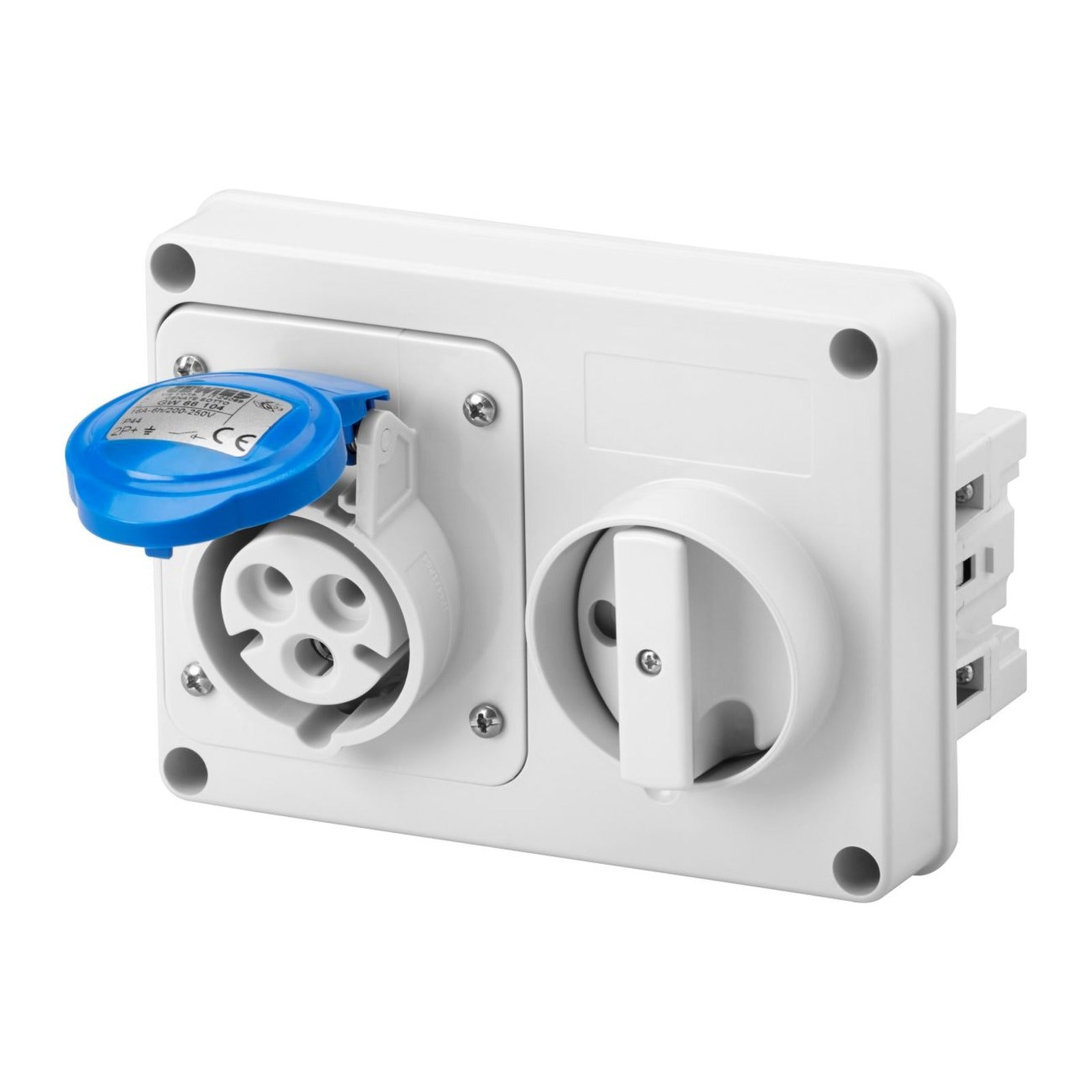 Base fija interbloqueada horizontal Gewiss, sin fondo, sin base portafusibles, 2P+T 16A 200-250 V, 50/60 Hz 6h, IP44 - referencia GW66104