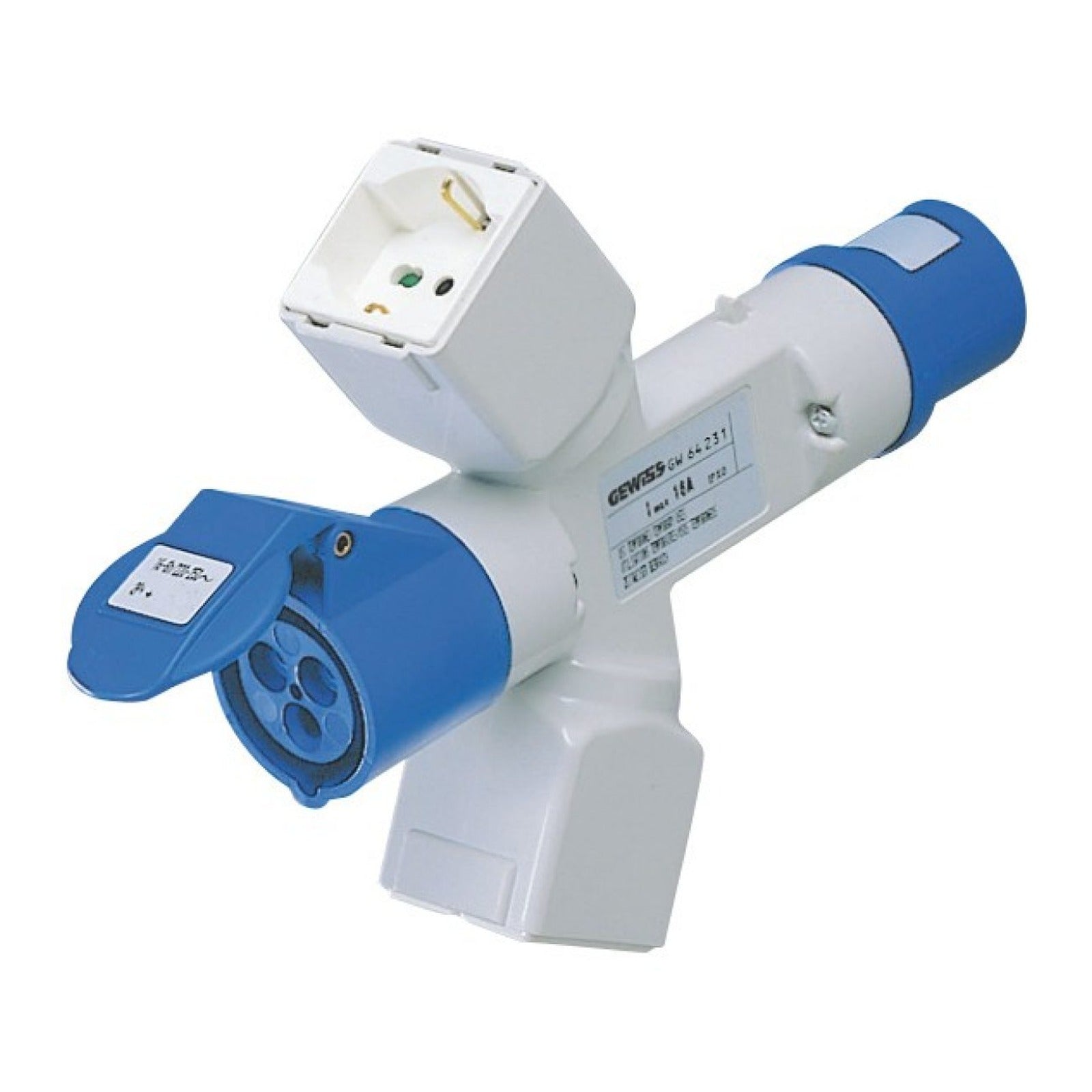Derivador adaptador móvil IP44 Gewiss, 2 salidas derivadas, cableado, clavija 3P+N+T 16A 400 V CA, 50/60 Hz, 2 bases (p17/11) + 1 (p30-p17) + 1 base 3P+N+T 16A 400 V CA - referencia GW64236