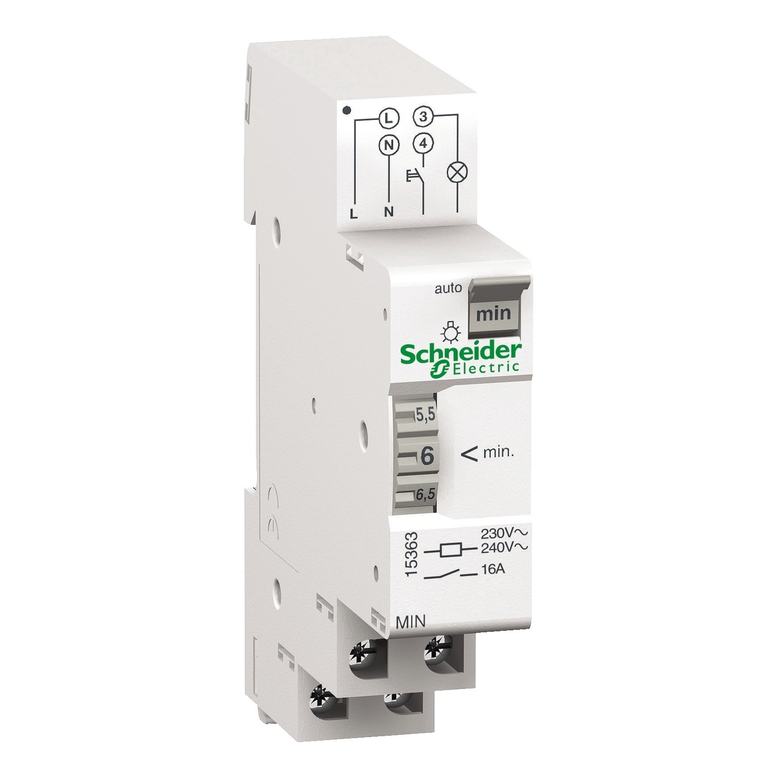Minutero automático Schneider Electric Acti9 MIN, regulable de 1 a 7 minutos, 1 canal, 16 A, 15363 - referencia 15363