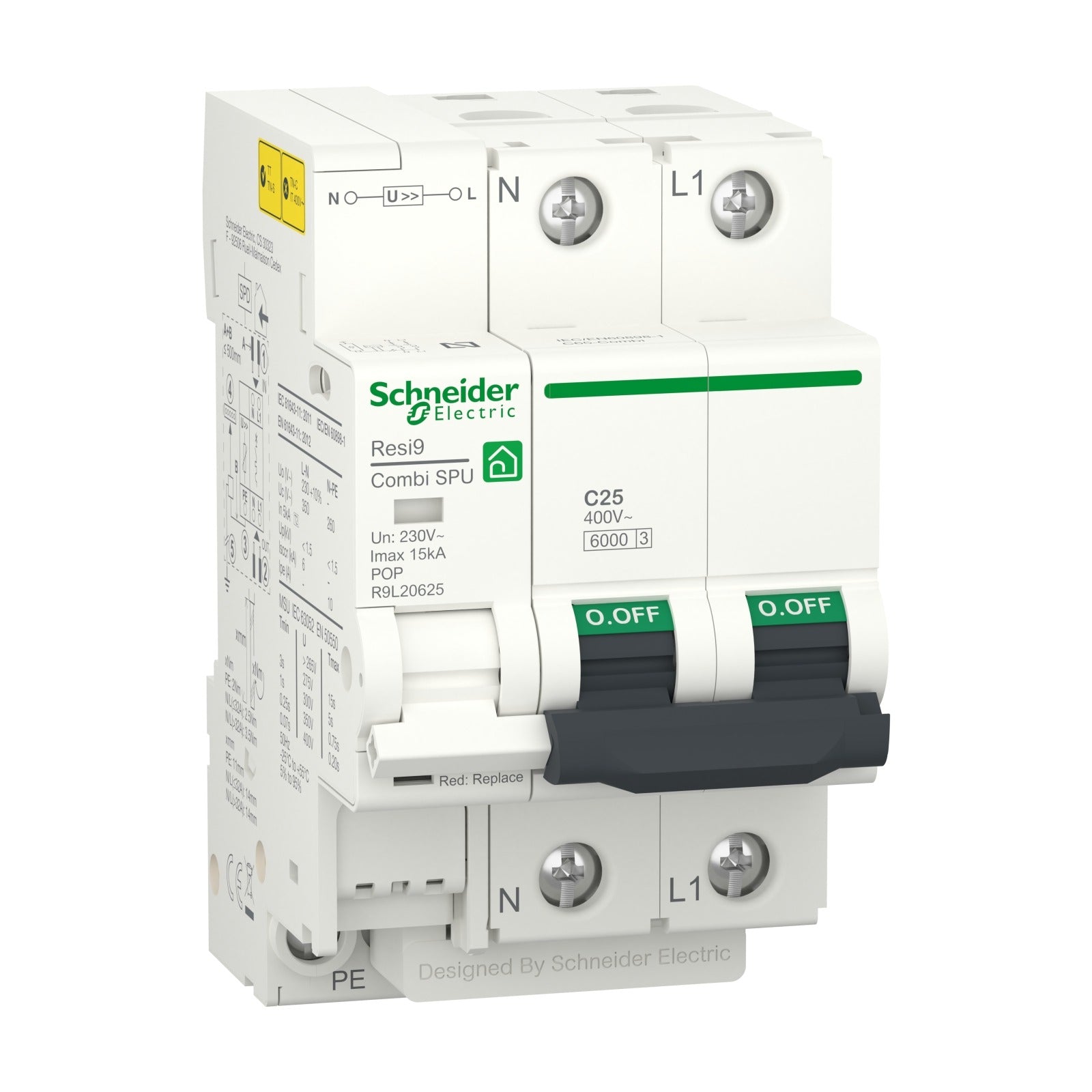 Protector combinado contra sobretensiones transitorias y permanentes Schneider Electric Resi9 Combi SPU, 1P+N, 25 A, R9L20625 - referencia R9L20625