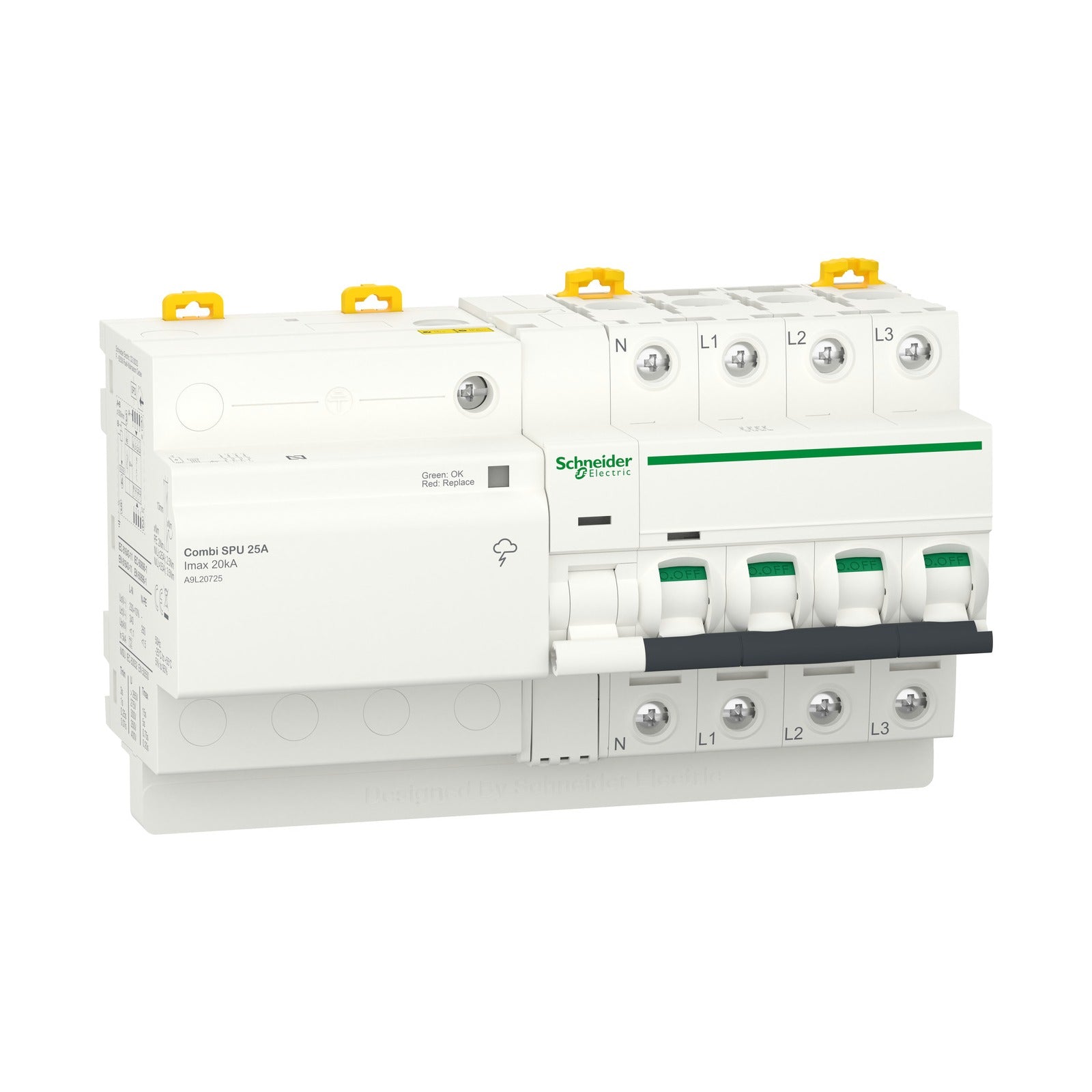 Protector combinado contra sobretensiones transitorias y permanentes Schneider Electric Acti9 Combi SPU, 3P+N, 25 A, A9L20725 - referencia A9L20725