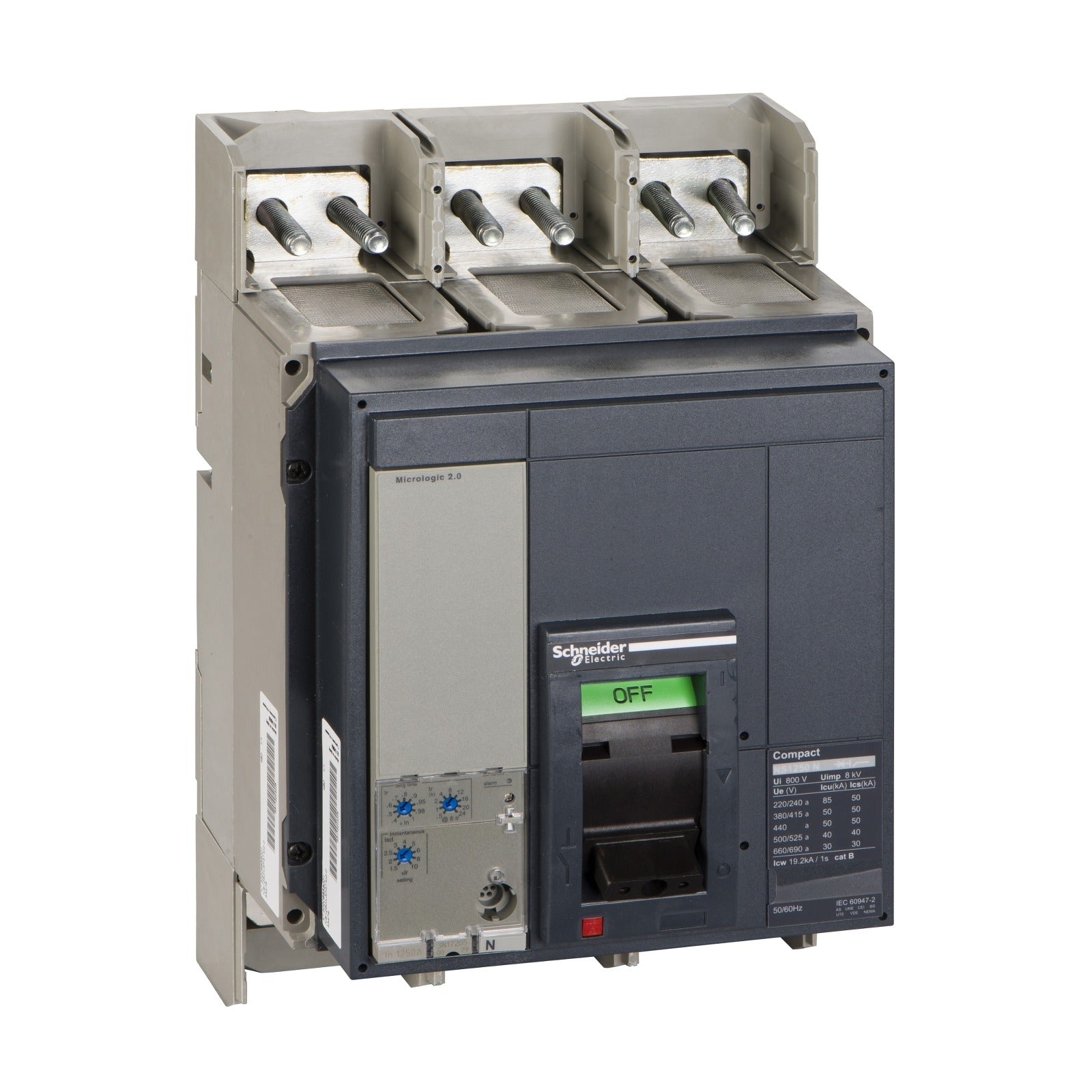 Interruptor automático Schneider Electric Compact NS1250N, 3P, 1250 A, Micrologic 2.0, fijo y mando manual, 33478 - referencia 33478