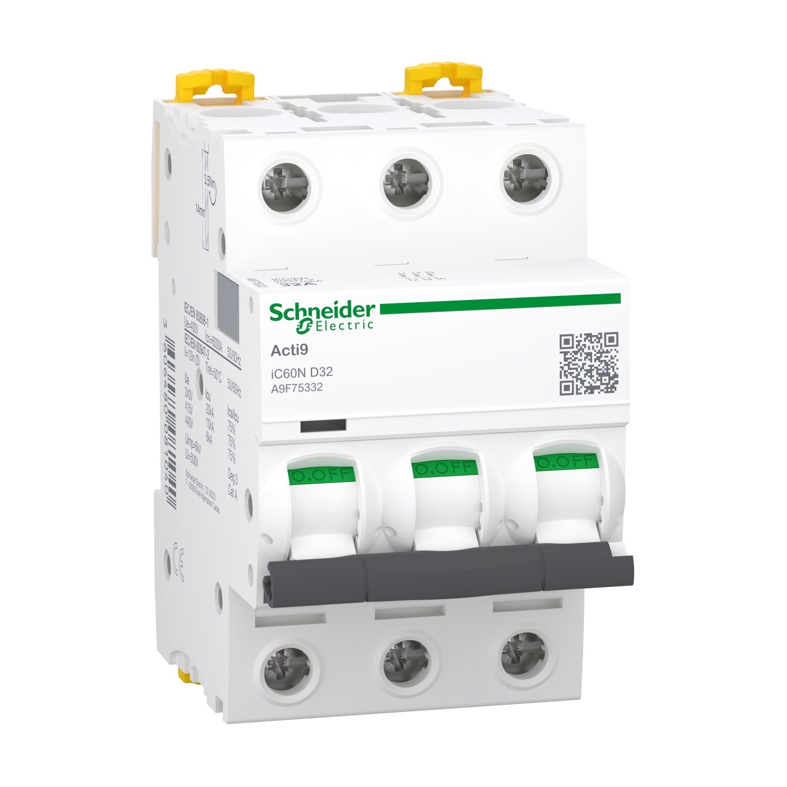Interruptor magnetotérmico Schneider Electric Acti9 iC60N, 3P, 32 A, curva D, 6/10 kA, A9F75332 - referencia A9F75332