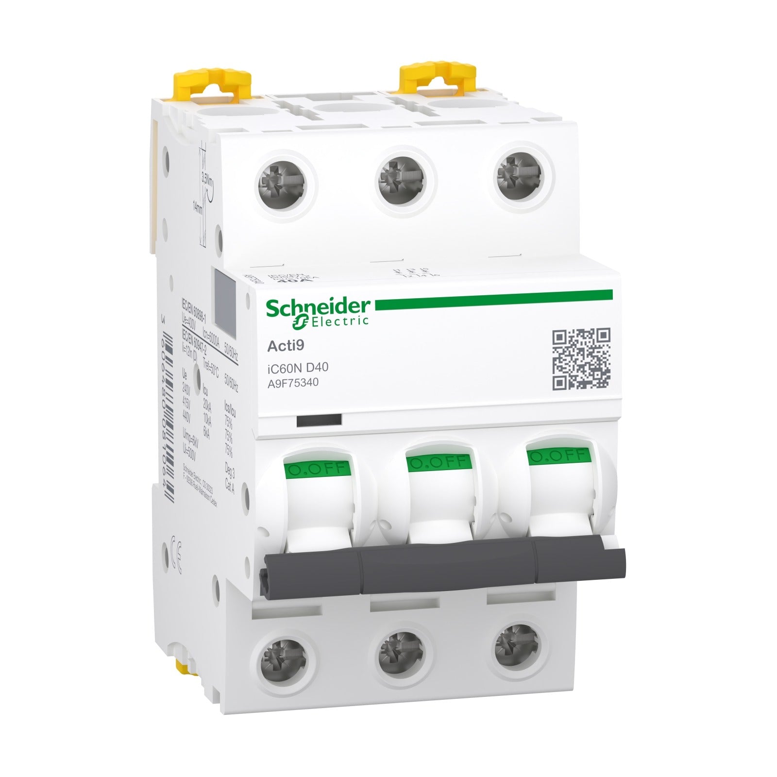 Interruptor magnetotérmico Schneider Electric Acti9 iC60N, 3P, 40 A, curva D, 6/10 kA, A9F75340 - referencia A9F75340