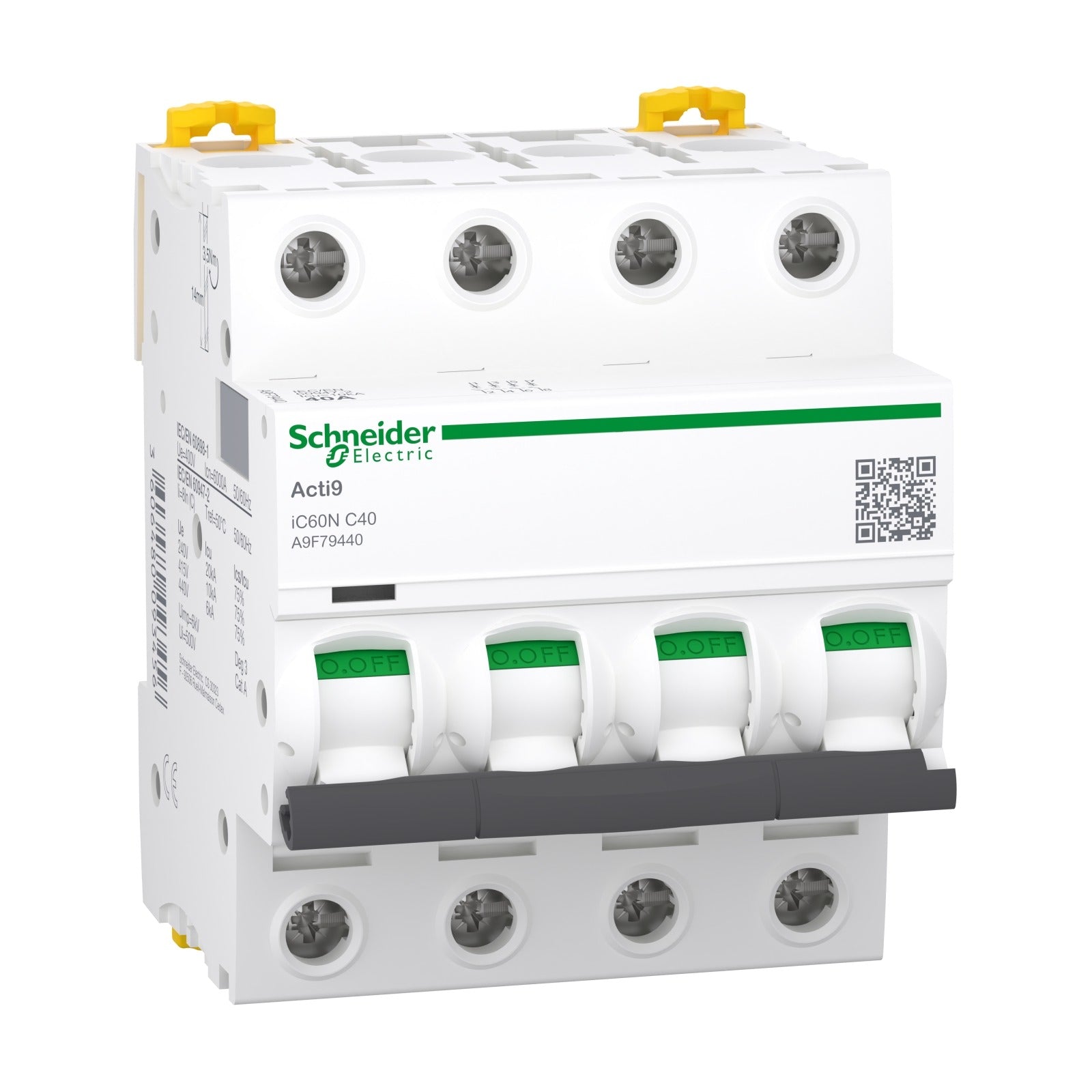 Interruptor magnetotérmico Schneider Electric Acti9 iC60N, 4P, 40 A, curva C, 6/10 kA, A9F79440 - referencia A9F79440