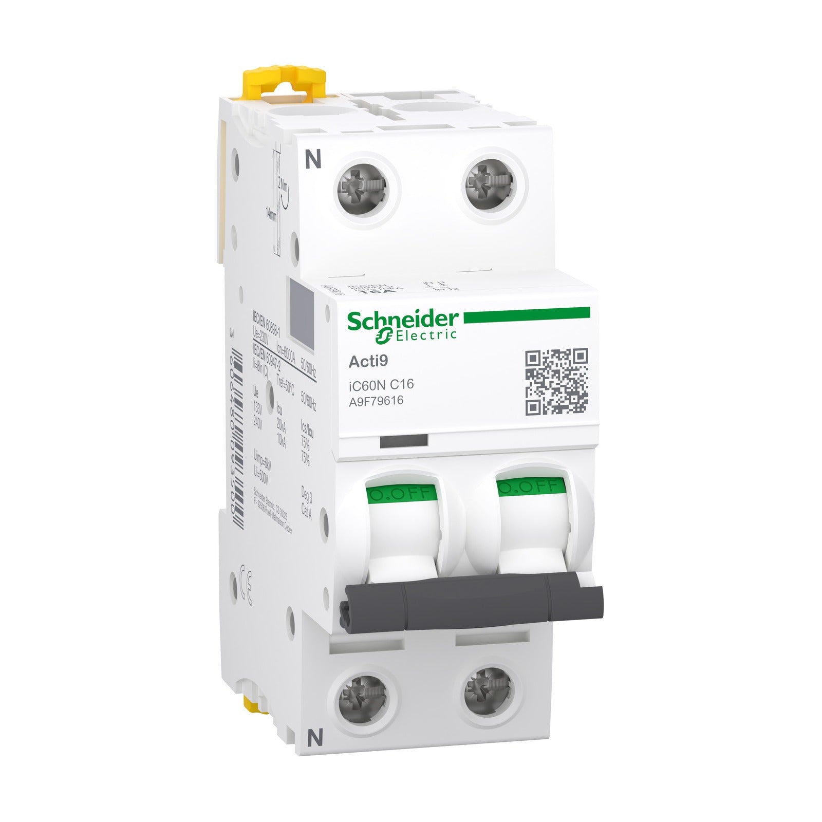 Interruptor magnetotérmico Schneider Electric Acti9 iC60N, 1P+N, 16 A, curva C, 6/10 kA, A9F79616 - referencia A9F79616