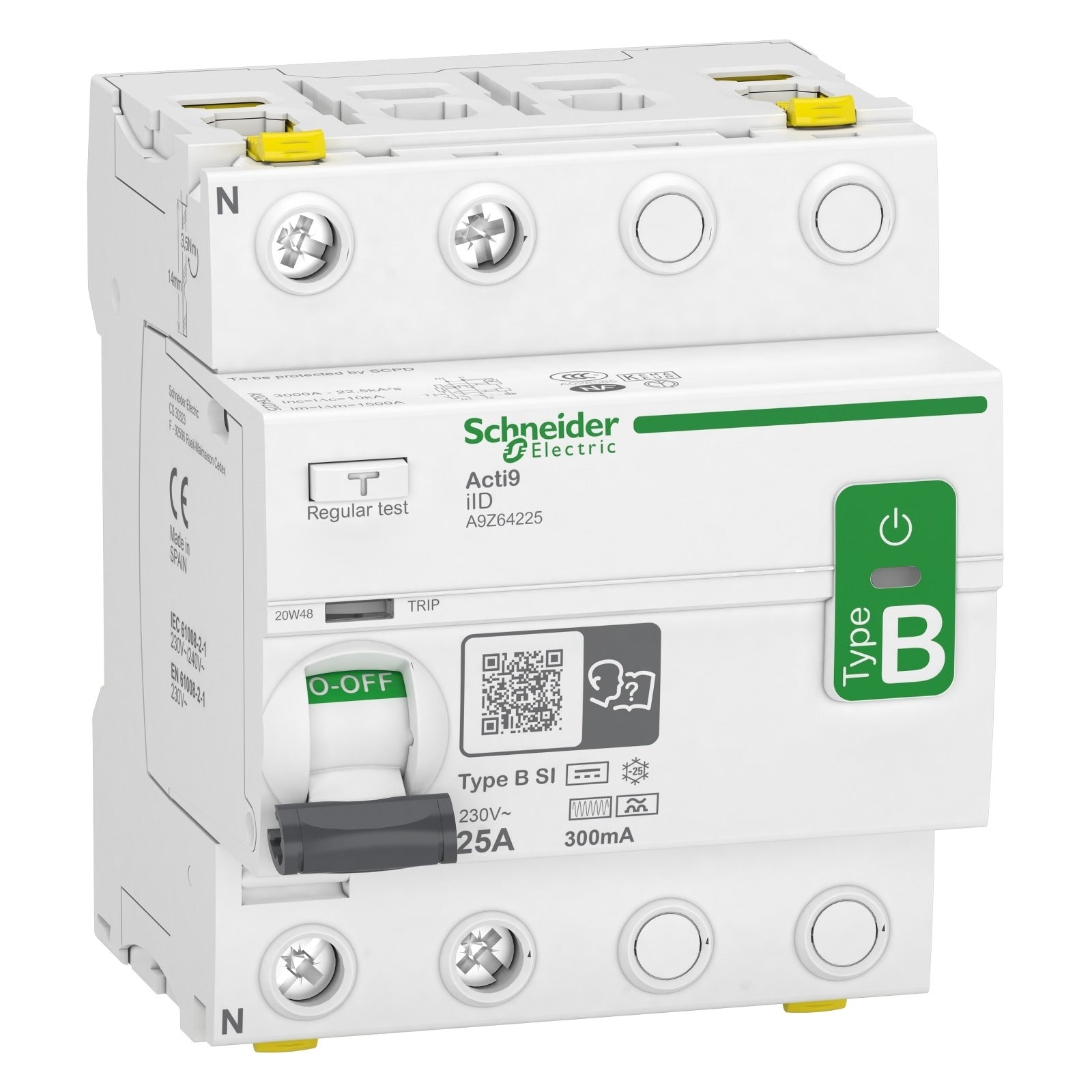 Interruptor diferencial Schneider Electric Acti9 iID, 2P, 25 A, 300 mA, tipo B-SI, A9Z64225 - referencia A9Z64225