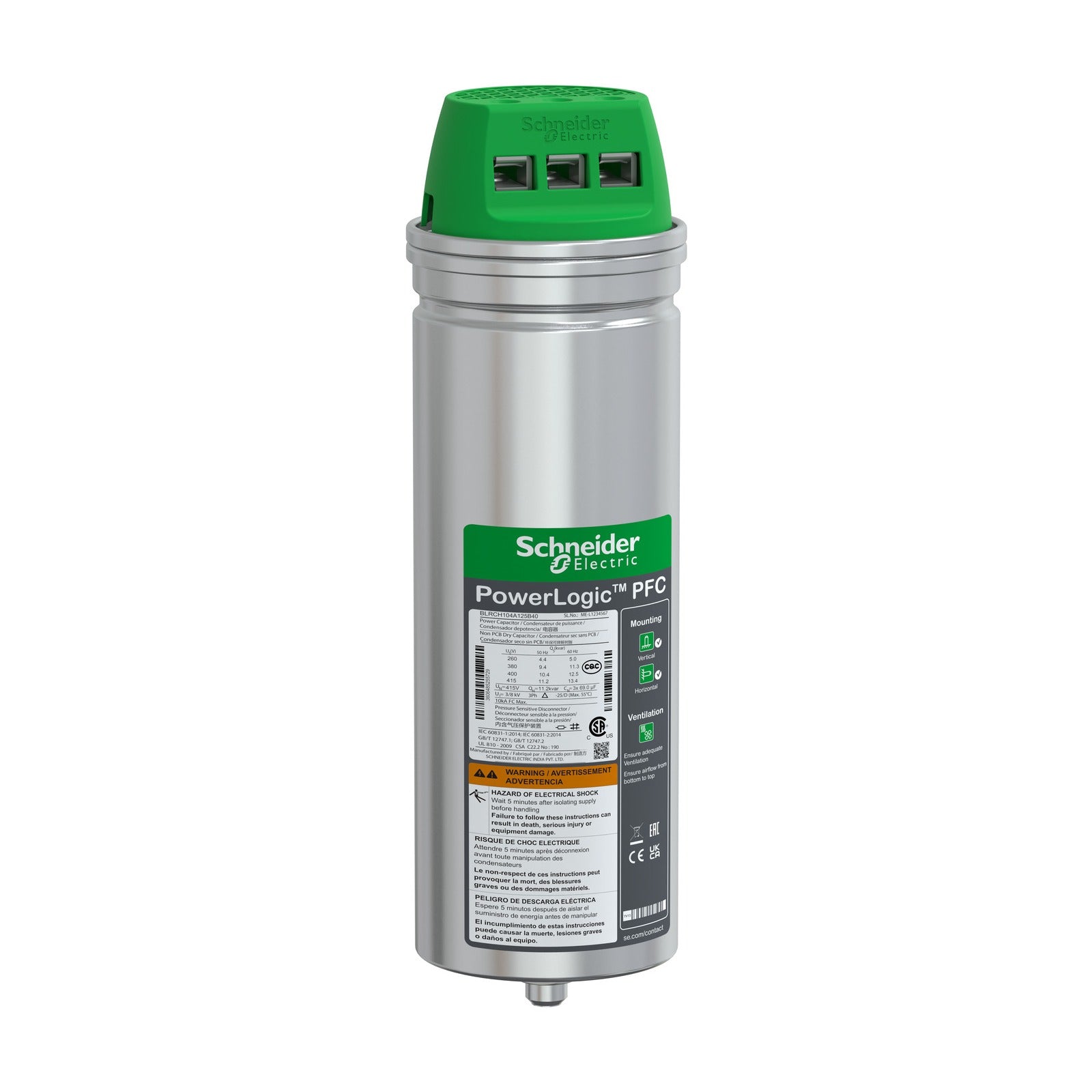 Condensador Schneider Electric VarPlus Can HDuty, 10,4/12,5 kvar, 400 V, 50/60 Hz, BLRCH104A125B40 - referencia BLRCH104A125B40
