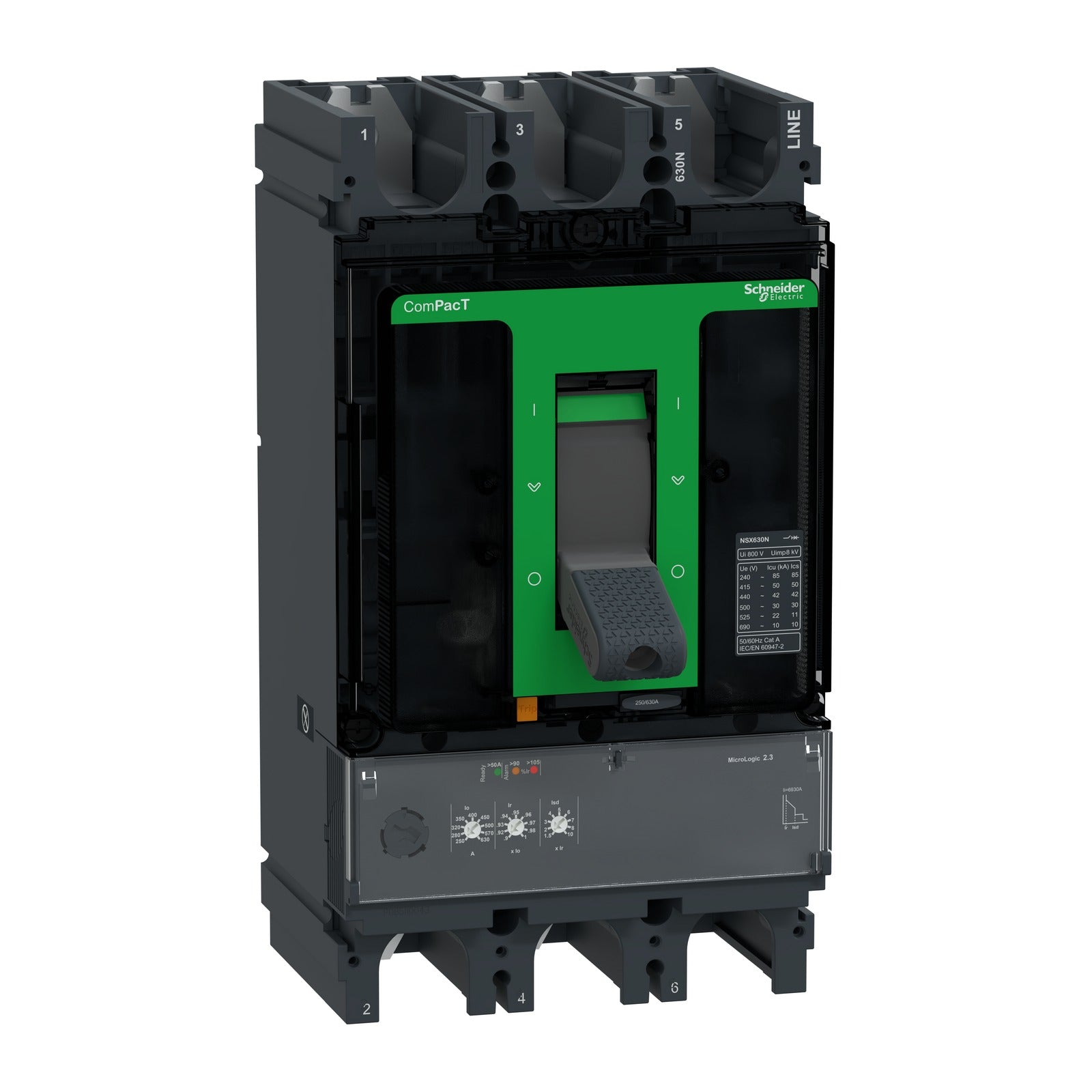 Interruptor automático Schneider Electric ComPacT NSX630N, 3P 3R, 630 A, 50 kA, Micrologic 2.3, C63N32D630 - referencia C63N32D630
