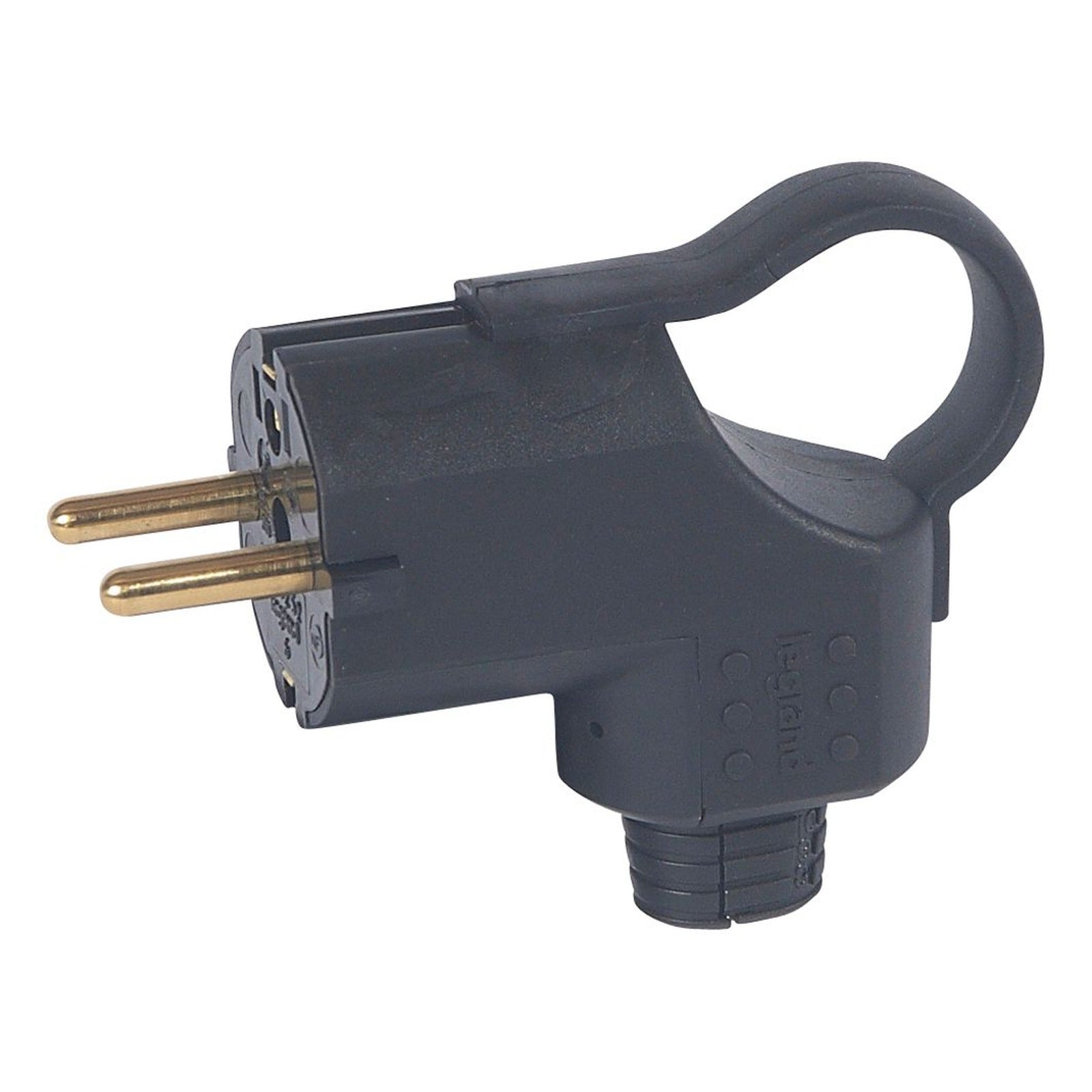 Clavija Legrand 2P+T, 16 A, IP20, caucho negro, salida lateral y anillo tirador, 050252 - referencia 050252