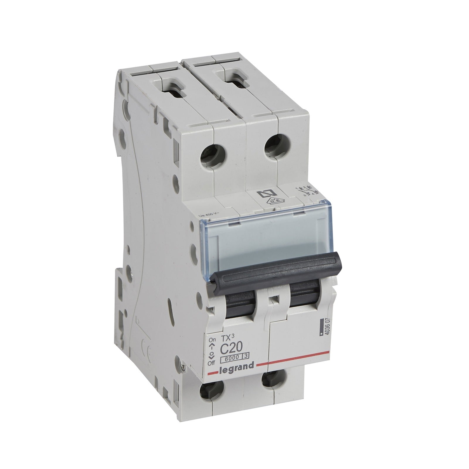 Interruptor magnetotérmico Legrand TX³, 2P, 20 A, curva C, 6 kA, 2 módulos, 403607 - referencia 403607