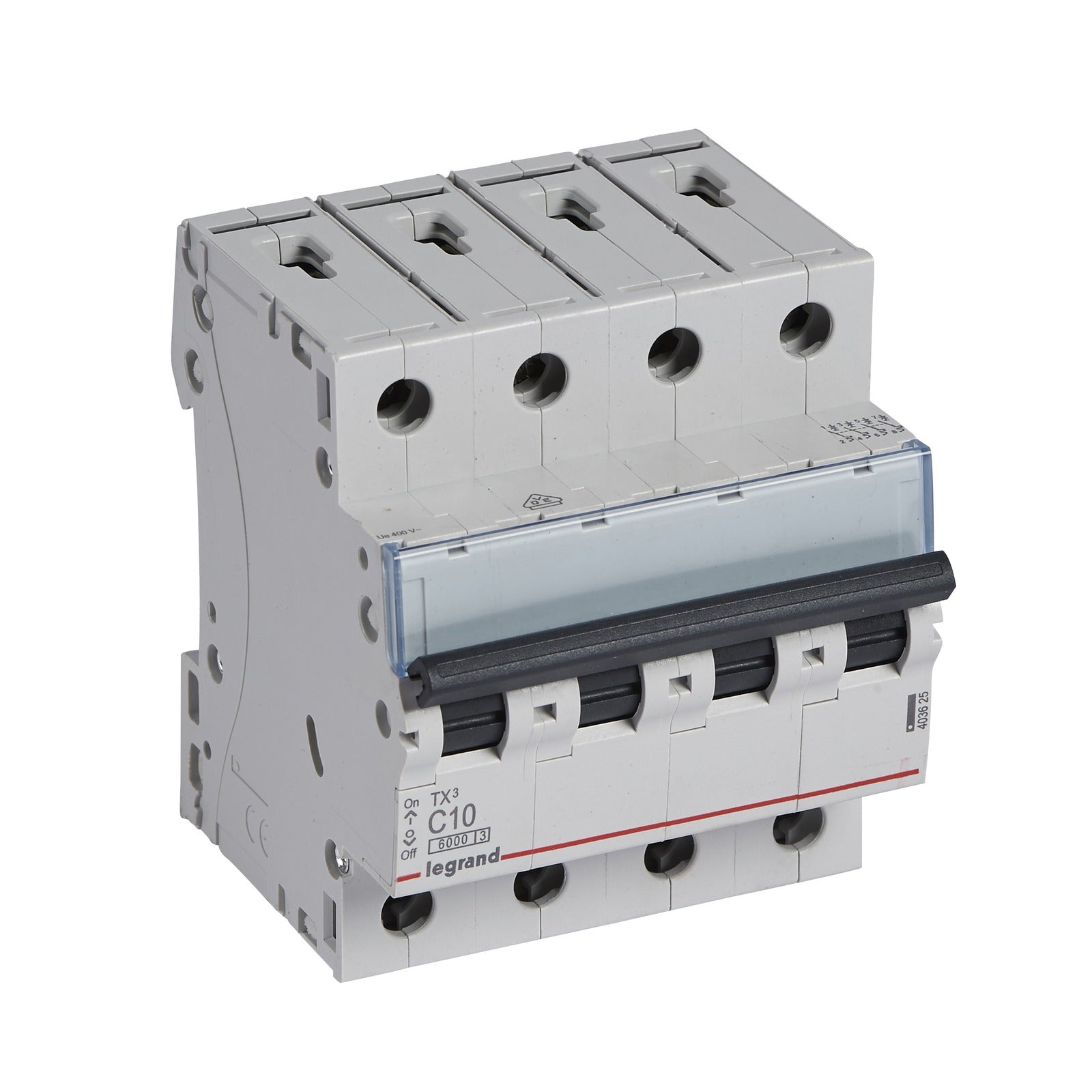 Interruptor magnetotérmico Legrand TX³, 4P, 10 A, curva C, 6 kA, 4 módulos, 403625 - referencia 403625