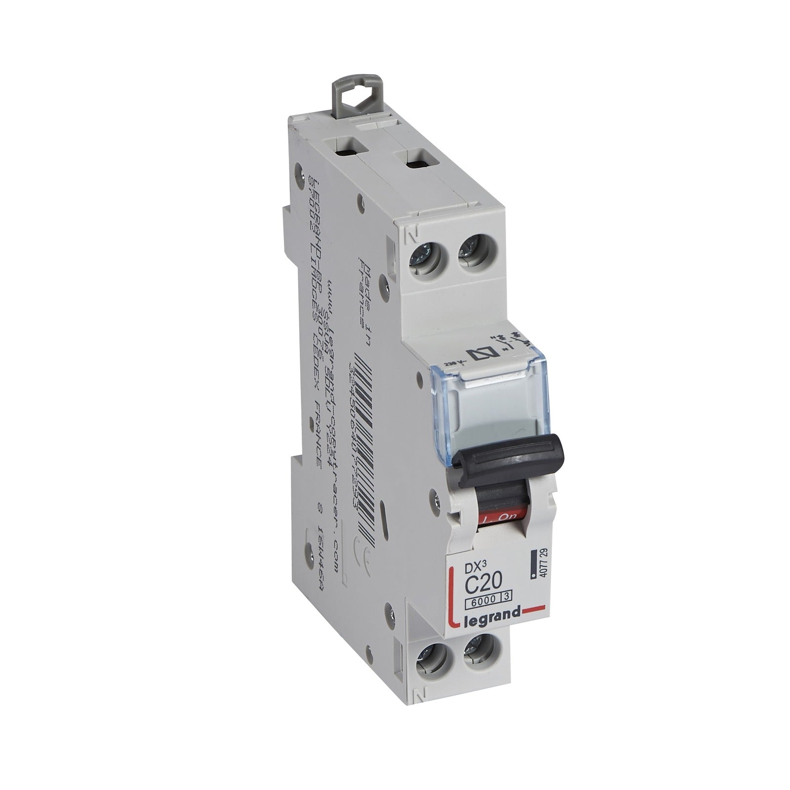 Interruptor magnetotérmico Legrand DX³, 1P+N, 20 A, curva C, 6/10 kA, 1 módulo, 407729 - referencia 407729