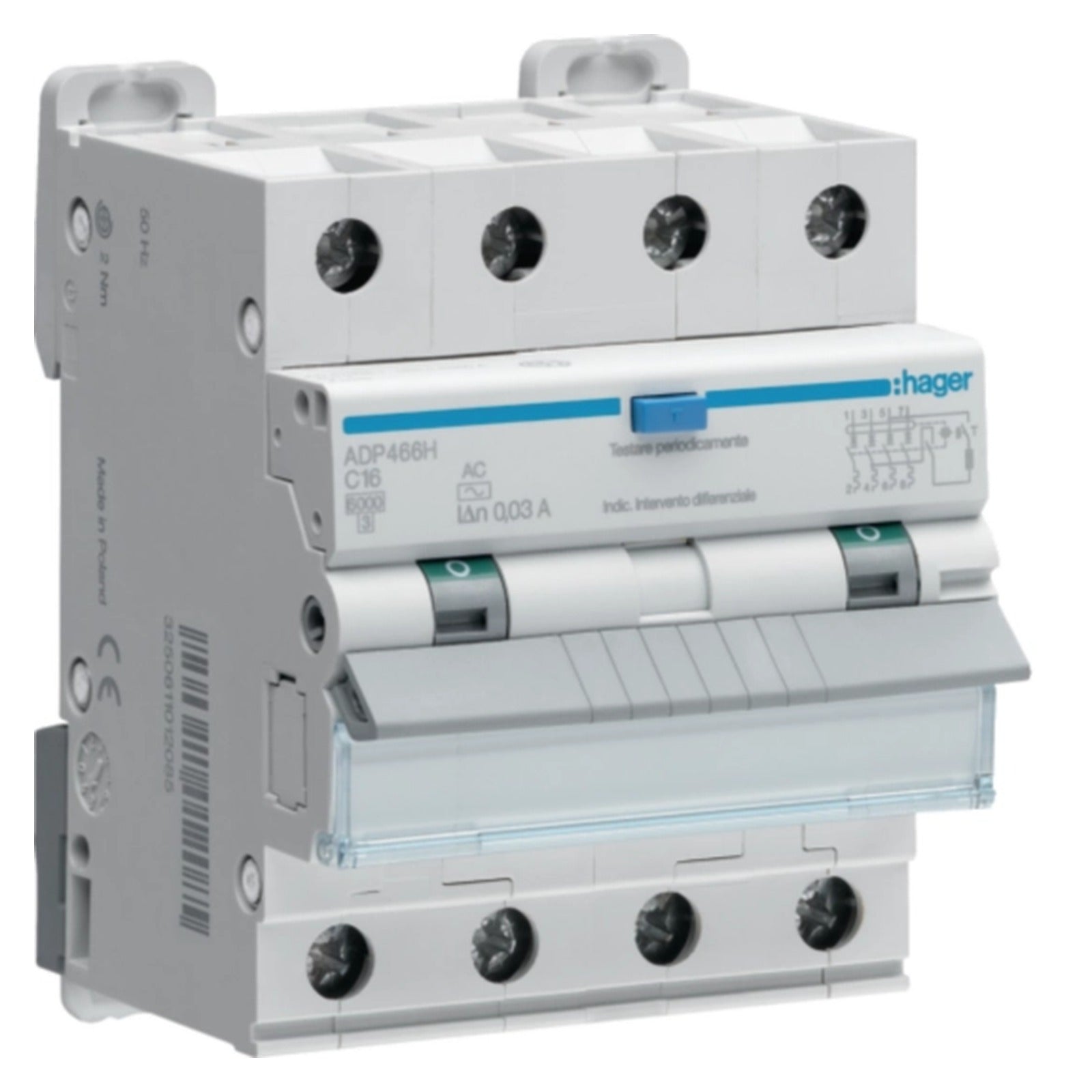 Interruptor automático diferencial combinado 4P 16 A Curva C 6 kA 300 mA tipo A Hager – Ref. AFM466H - referencia AFM466H