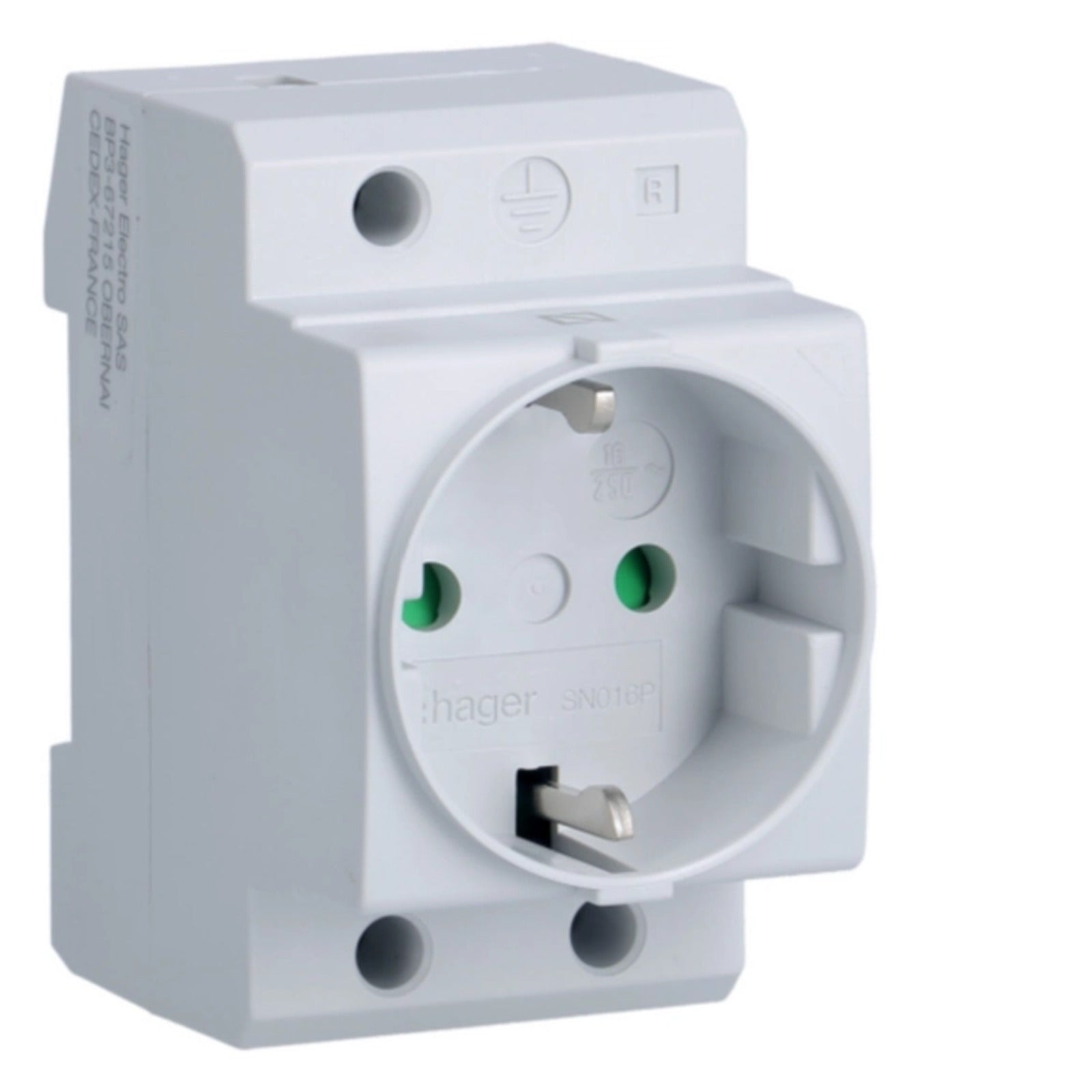 Toma de corriente Schuko Hager, 10/16 A, 2P+T, 230 V, 1,5 módulos DIN Hager – Ref. SN016P - referencia SN016P