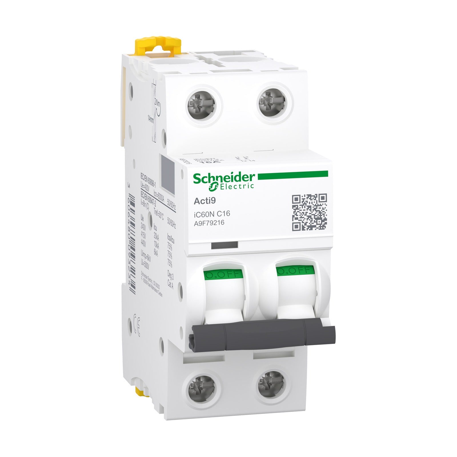 Interruptor magnetotérmico, Acti9 iC60N, 2P, 16 A, curva C, 6000 A/10 kA Schneider Electric A9F79216 - referencia A9F79216