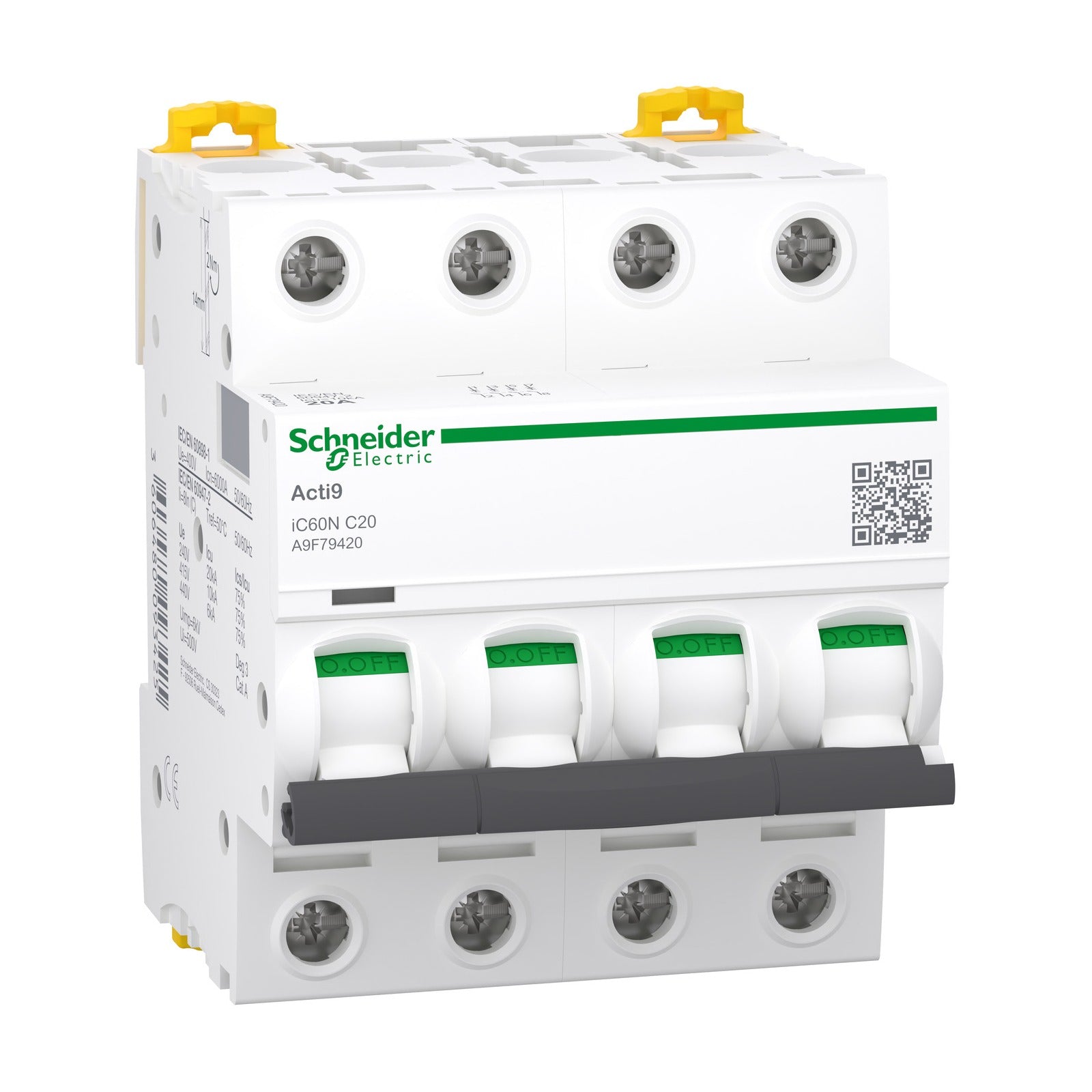 Interruptor magnetotérmico, Acti9 iC60N, 4P, 20 A, curva C, 6000 A/10 kA Schneider Electric A9F79420 - referencia A9F79420