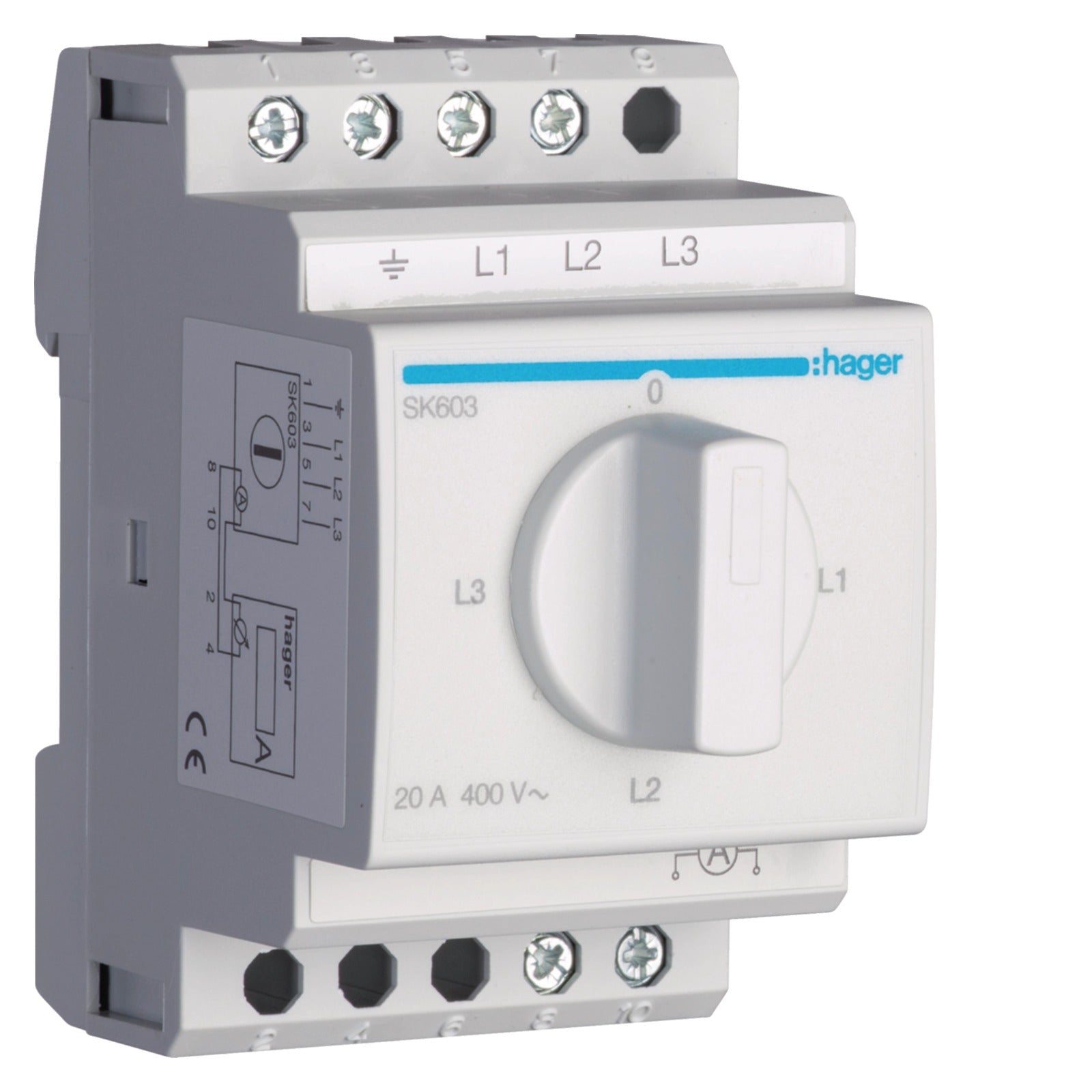 Conmutador de amperímetro modular de 4 posiciones, 20 A, 400 V Hager SK603 - referencia SK603
