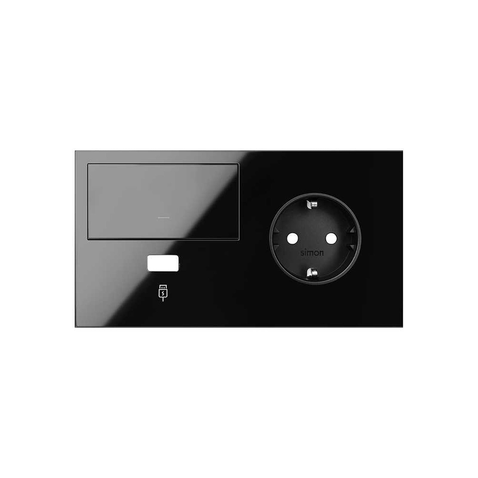 Kit front para 2 elementos con 1 base de enchufe Schuko, 1 tecla y 1 cargador USB derecha negro brillante Simon 100 - referencia 10020206-138
