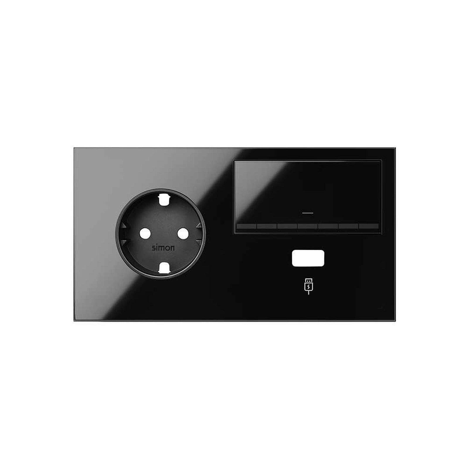Kit front para 2 elementos con 1 base enchufe Schuko, 1 tecla regulable y 1 cargador USB izquierda negro brillante Simon 100 - referencia 10021209-138