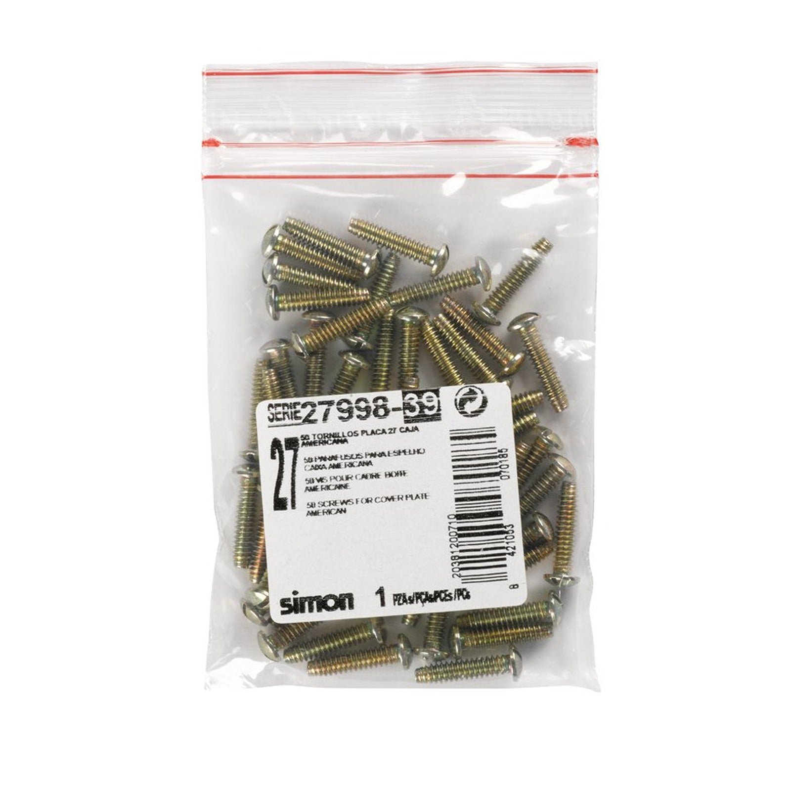 Bolsa con 50 tornillos para fijación de la placa americana en caja de empotrar Simon 27 Play - referencia 27998-39