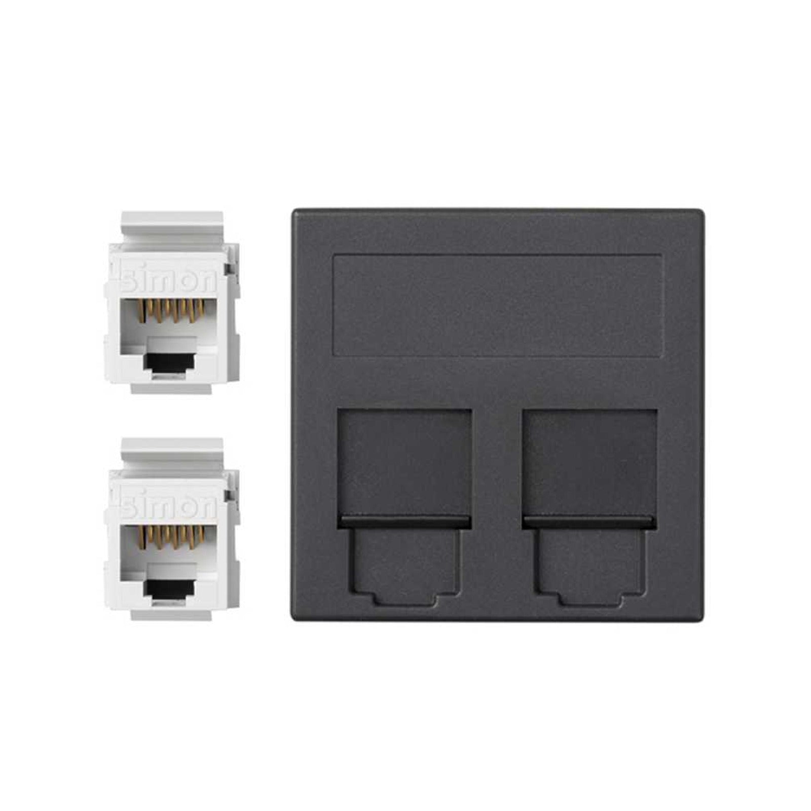 Placa de voz y datos plana con guardapolvo de 1 elemento con 2 RJ45 categoría 6 UTP grafito Simon 500 Cima - referencia 50002089-038