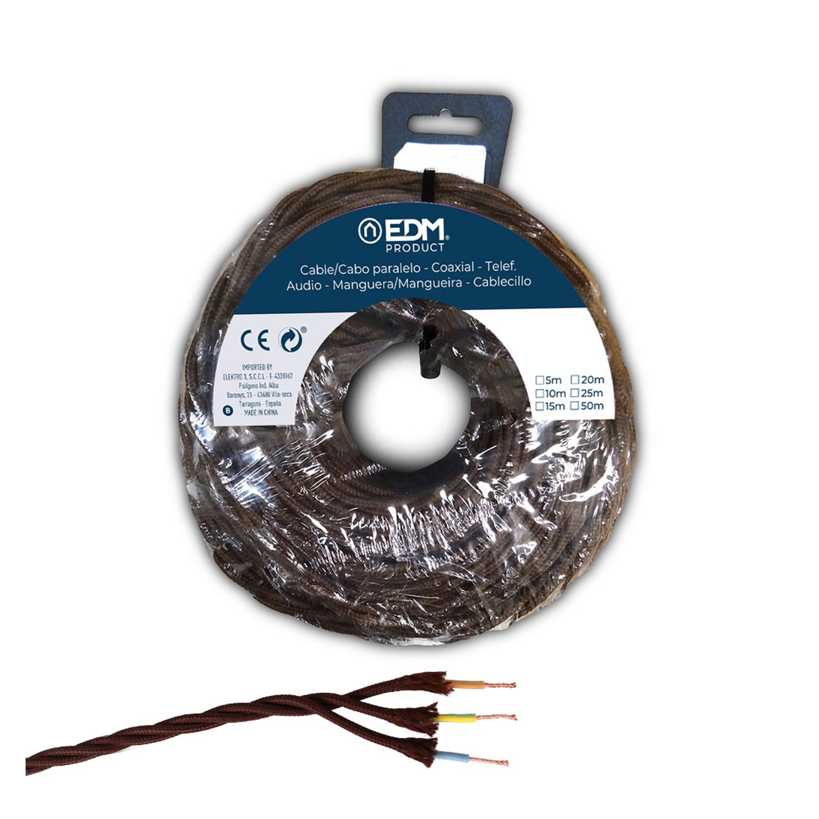 Cable textil trenzado H07V-K EDM, 3G2,5 mm², marrón, rollo de 25 m – Ref. 11995 - referencia 11995