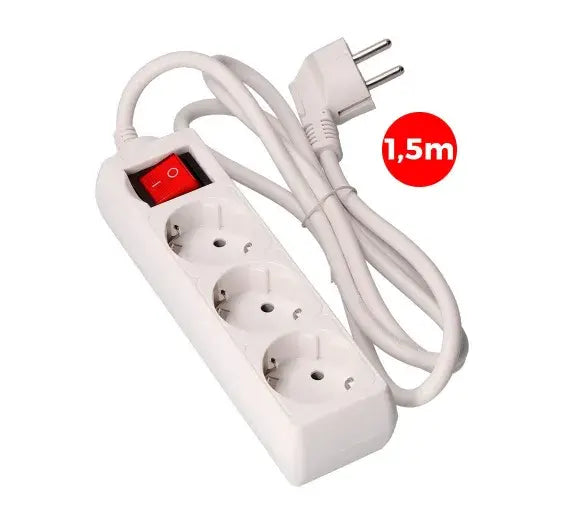 Base múltiple EDM de 3 tomas 2P+T con interruptor, cable de 1,5 m, blanca – Ref. 41009