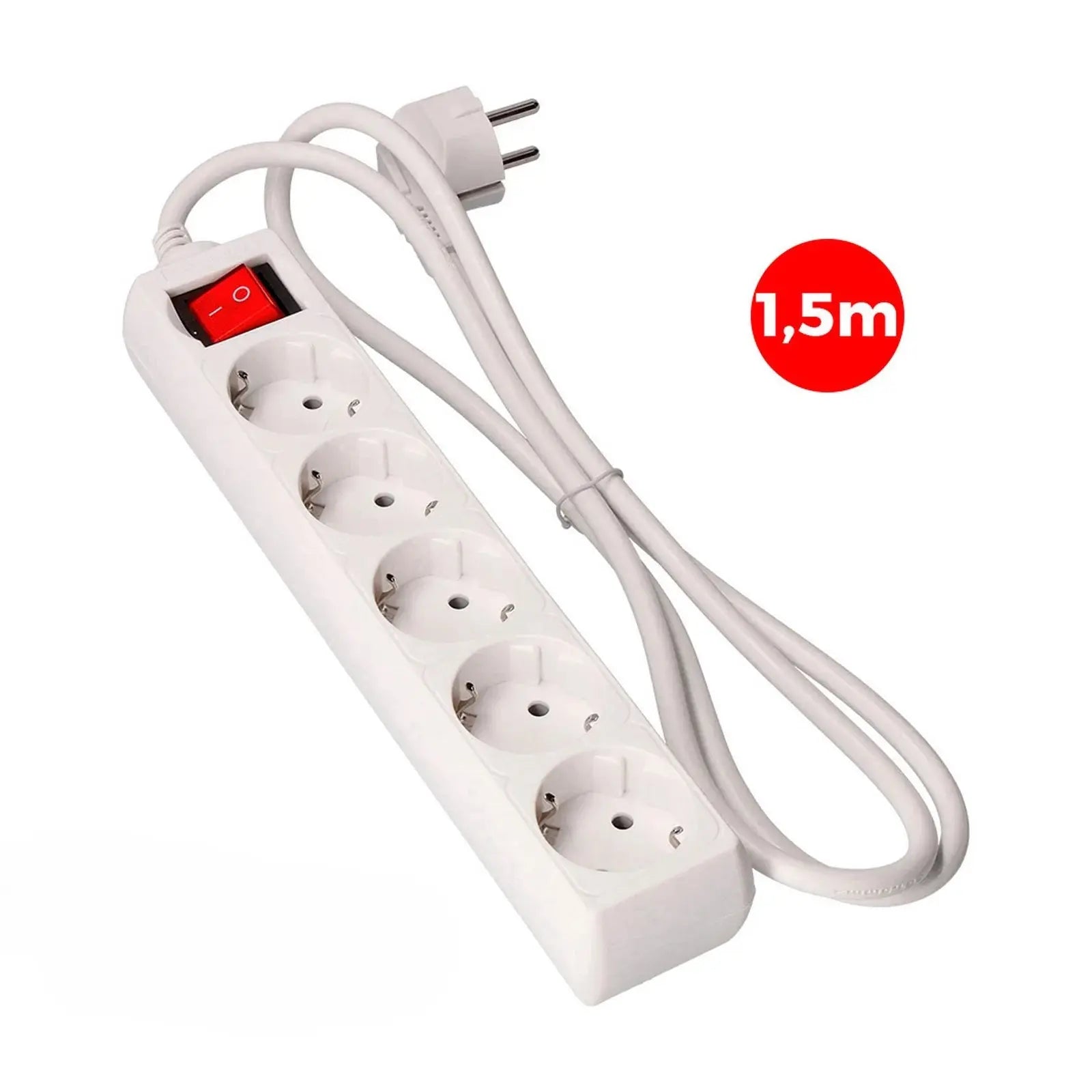 Base múltiple EDM de 5 tomas 2P+T con interruptor, cable de 1,5 m, blanca – Ref. 41011