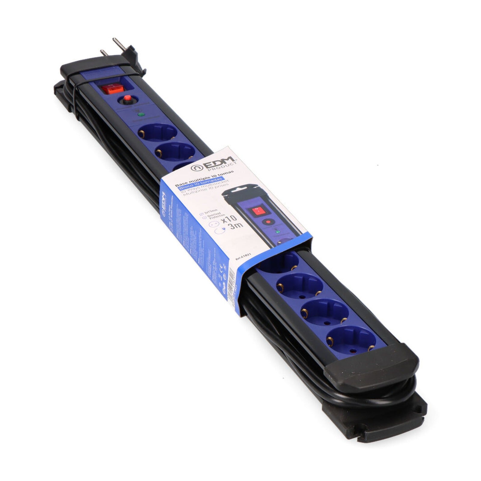 Base múltiple EDM de 10 tomas 2P+T con sobretensión, cable de 3 m, negra y azul – Ref. 41821 - referencia 41821