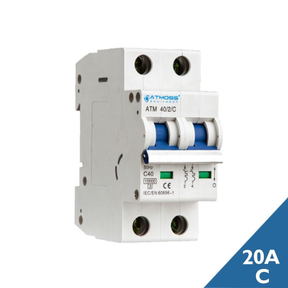 Interruptor magnetotérmico Atmoss 2P 20 A curva C 10 kA - referencia 100MAG0003