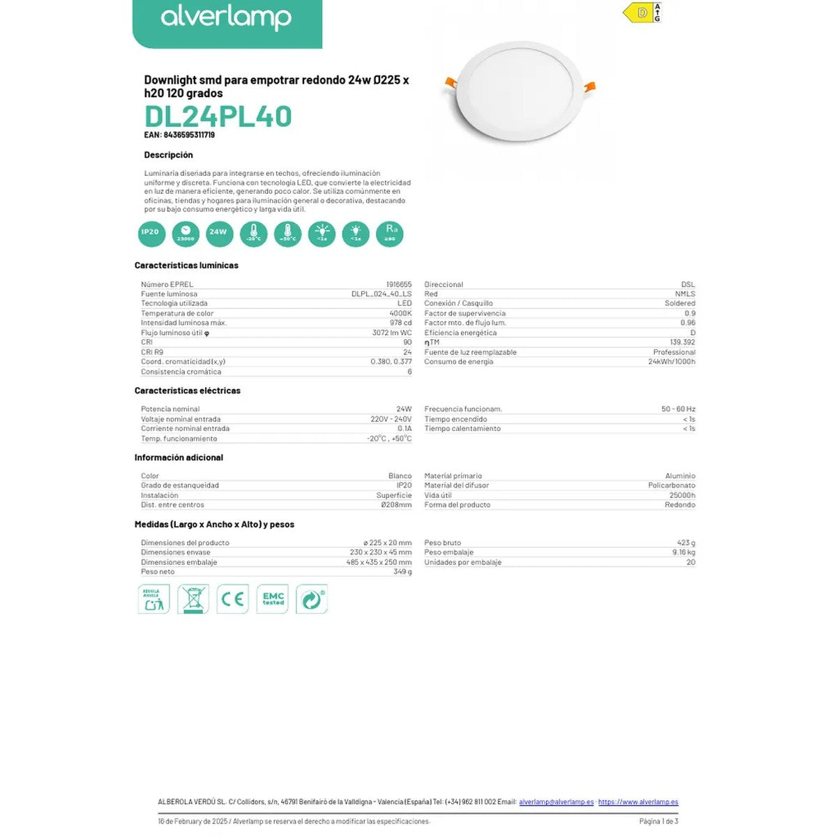 Downlight LED redondo Alverlamp 24 W 4000 K blanco - referencia DL24PL40