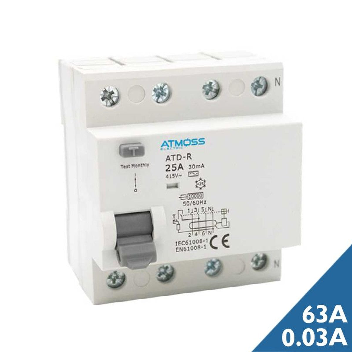 Interruptor diferencial Atmoss 4P 63 A 30 mA tipo AC, 6 kA - referencia 200-DIF020