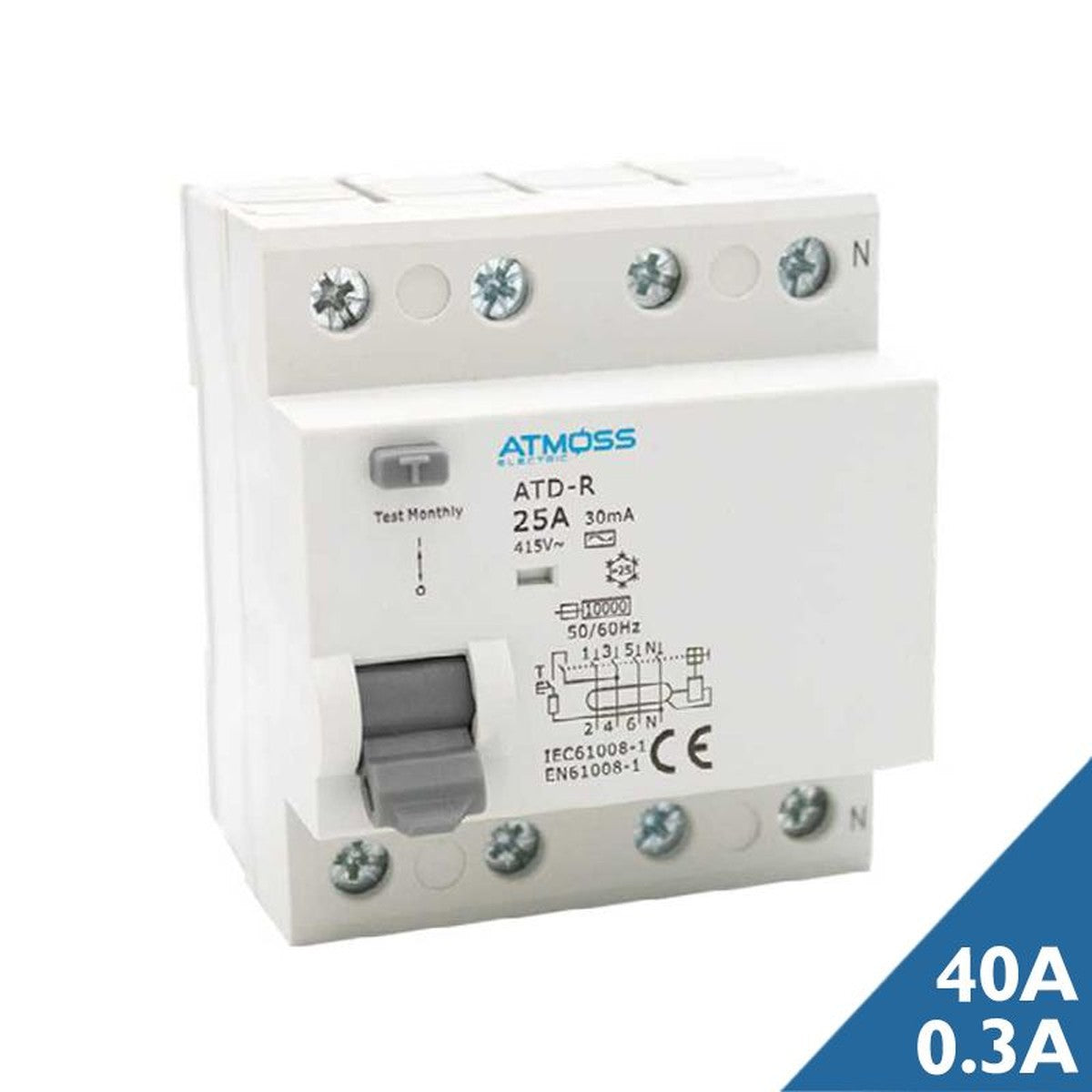 Interruptor diferencial Atmoss 4P 40 A 300 mA tipo AC, 6 kA - referencia 200-DIF022