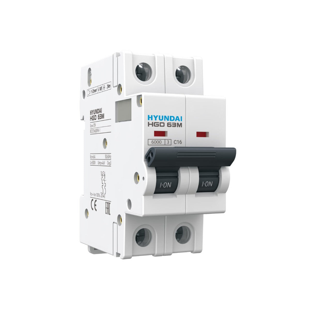 Interruptor magnetotérmico Hyundai HGD63 2P 16 A curva C 6 kA – Ref. HGD63-M2P016C
