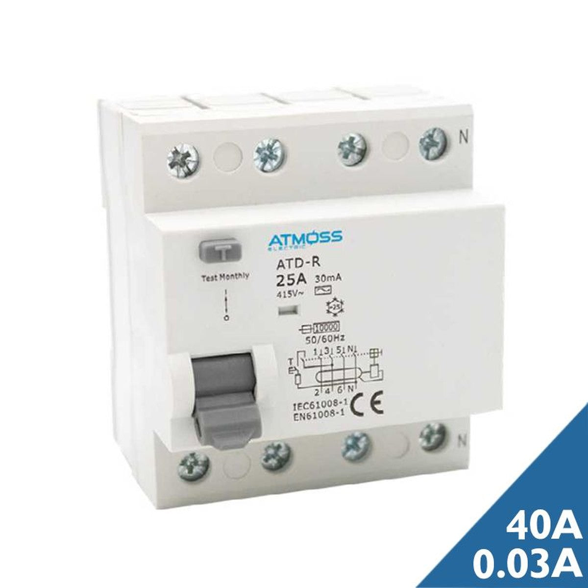 Interruptor diferencial trifásico ATMOSS 4P 40 A 30 mA 10 kA tipo AC – Ref. 102-DIF0011