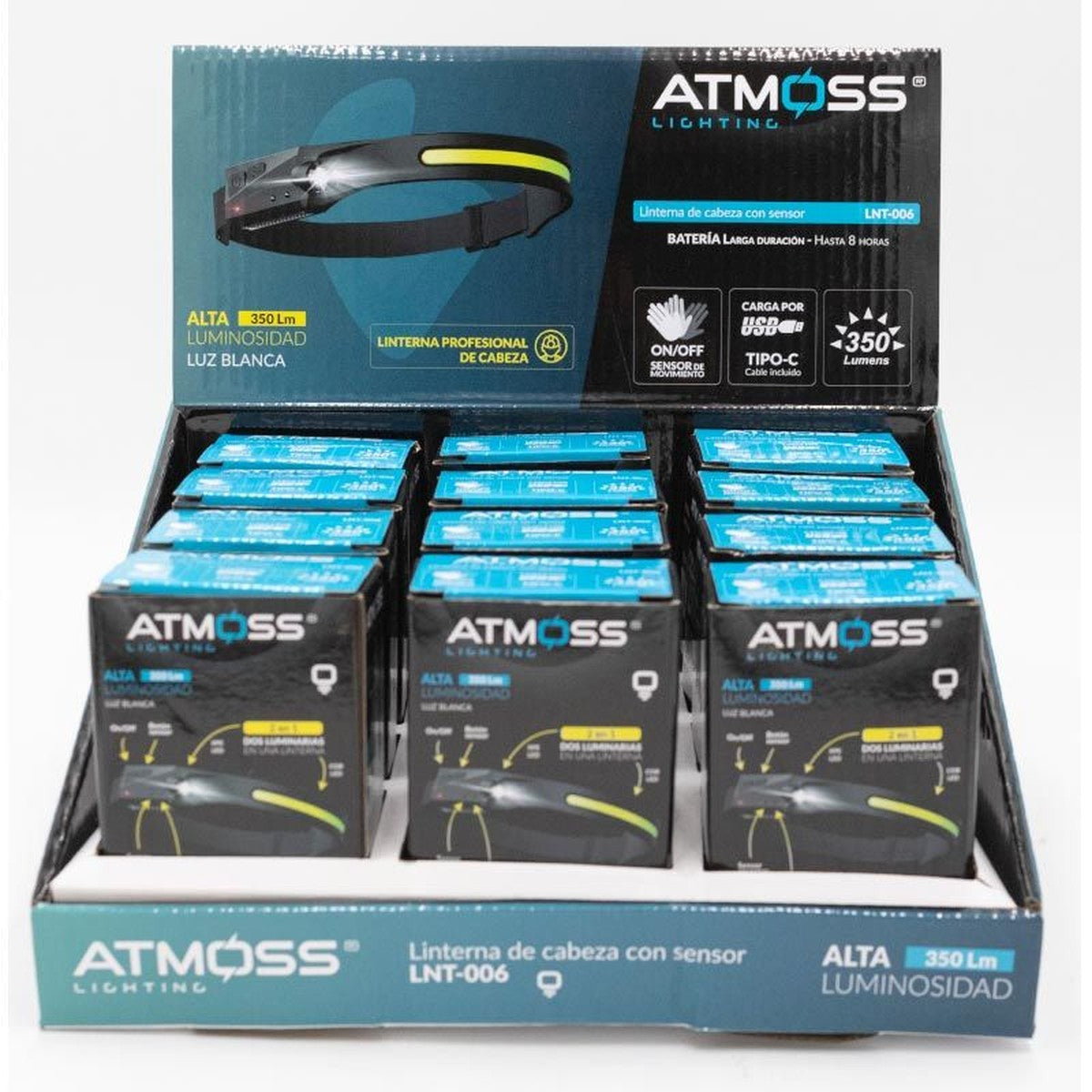 Linterna frontal con sensor ATMOSS, 350 lm y batería de 1200 mAh – Ref. LNT-006 - ATMLNT006