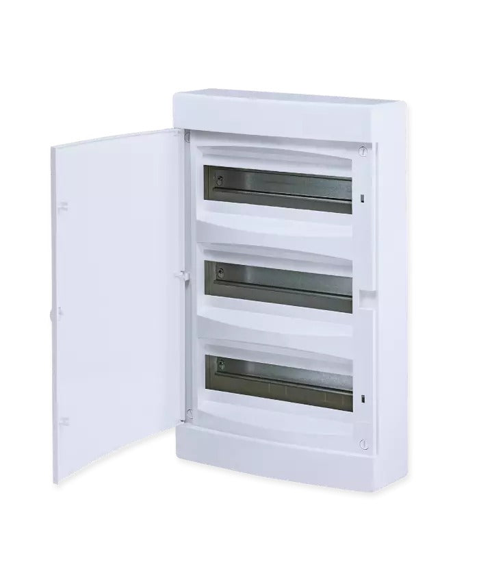 Caja de superficie blanca Hyundai Electric de 36 módulos con la puerta abierta