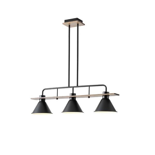 Lámpara colgante Aimur Cono negro y madera de 3 luces