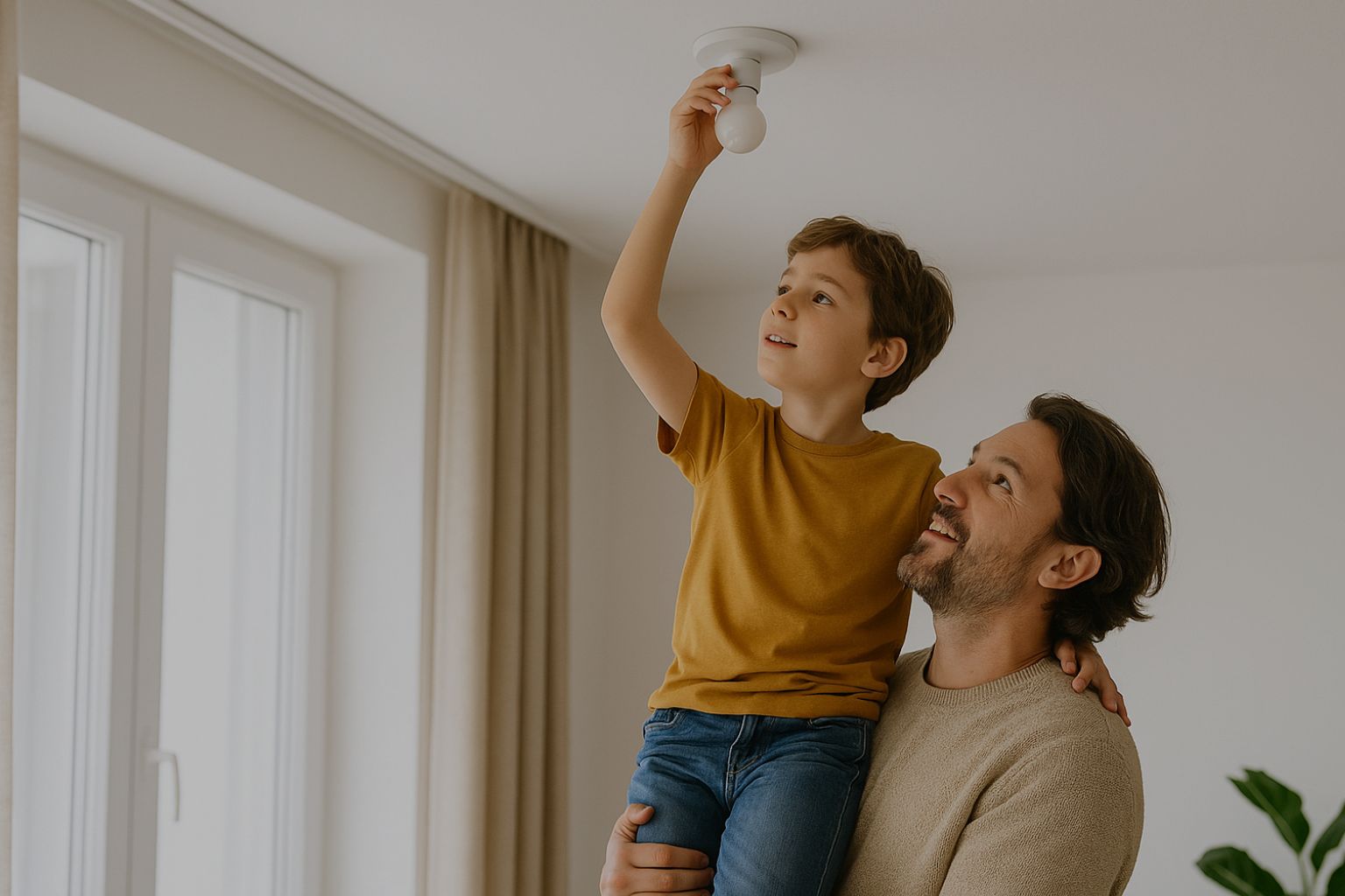 Padre e hijo instalando bombilla